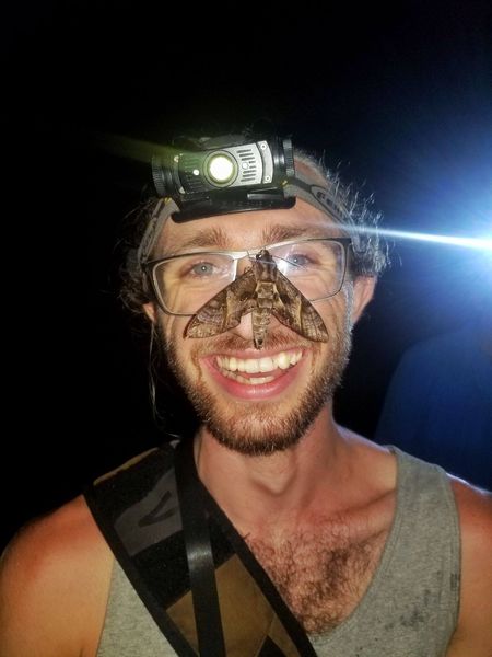 A photo of dillon wearing a headlamp and a large moth is on his face