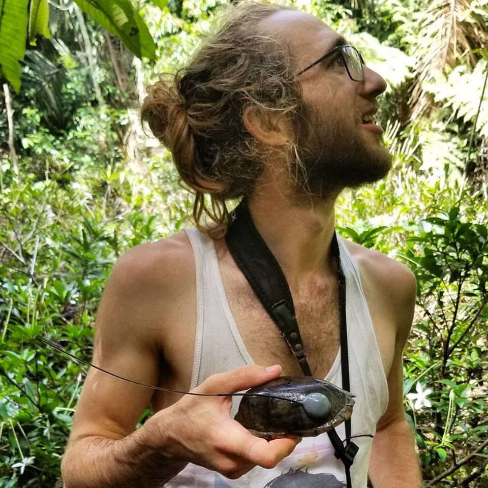 photo of dillon holding a mud turtle with a radio transmitter attached