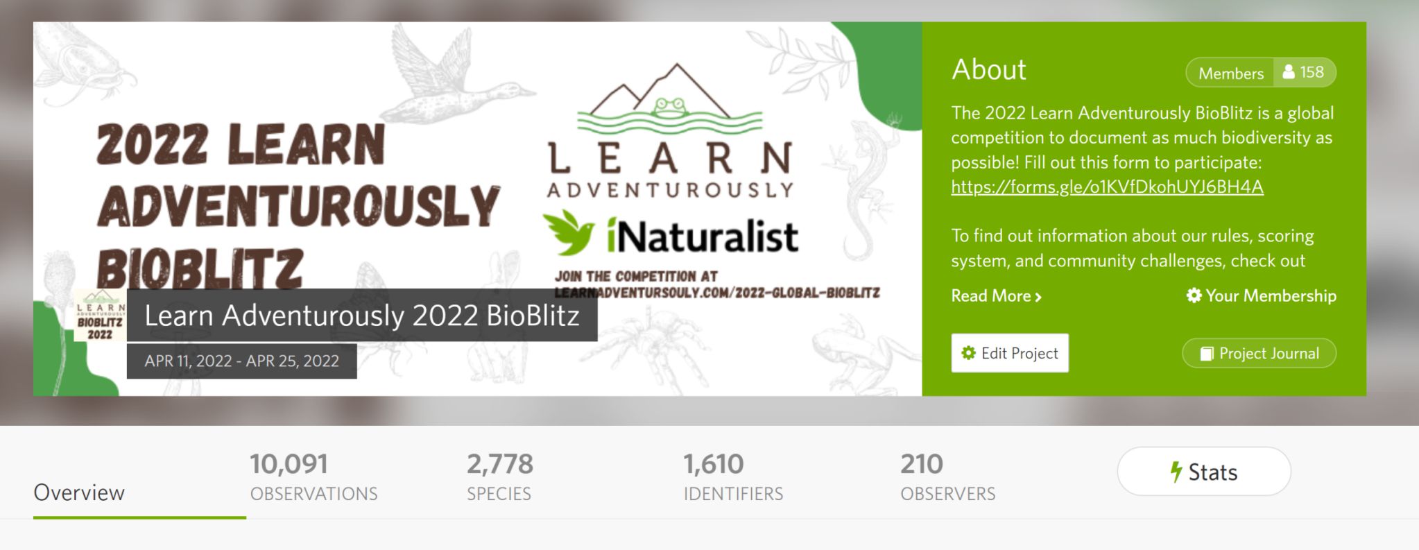 screenshot of the inaturalist project titled 2022 Learn Adventurously Bioblitz