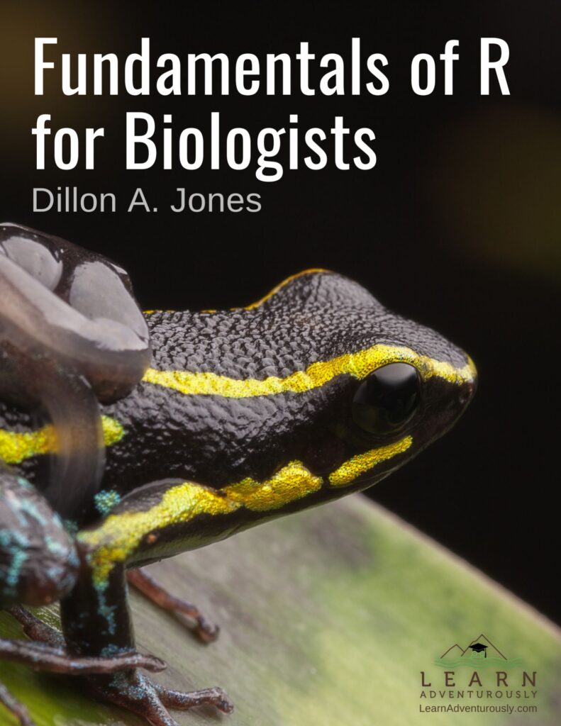 textbook cover. Text reads Fundamentals of R for Biologists. a frog is pictured